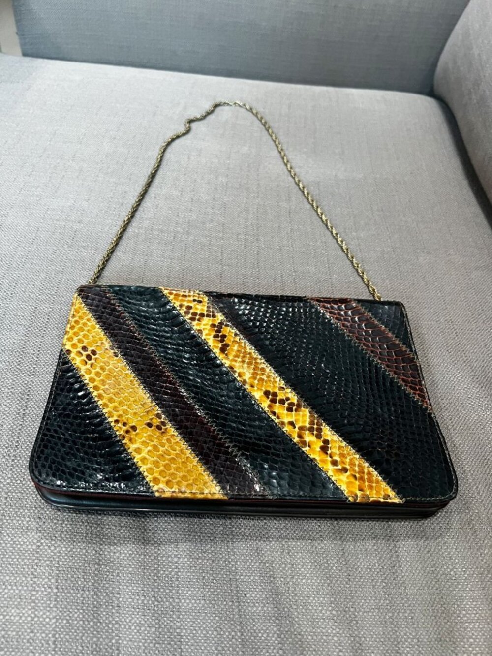 Vtg LOU-RAN Snakeskin Leather Chain Strap Flap Purse Clutch Black Brown Mustard